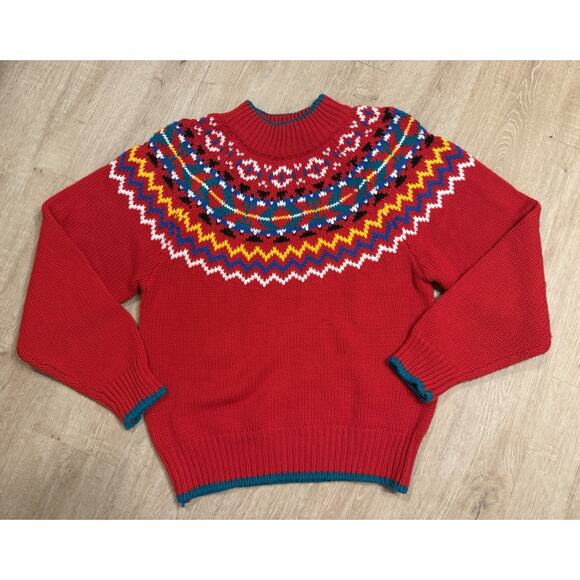 Vintage 80’s Apostrophe Red Knitted Christmas Sweater Pattern Geometric Large - Picture 1 of 8